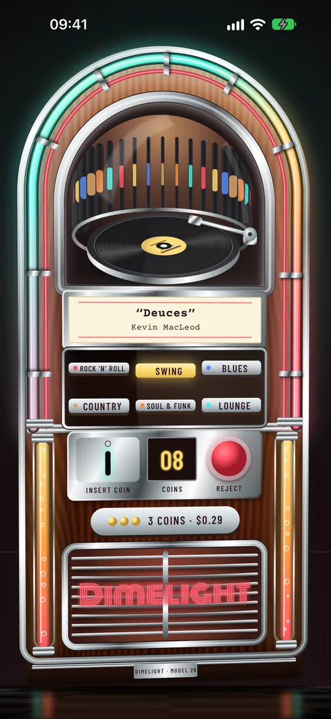 Dimelight on an iPhone, playing a swing song
